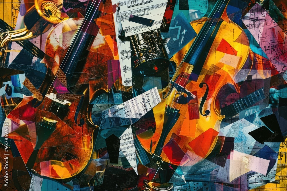 Poster a collection of musical instruments and music notes in a colorful collage