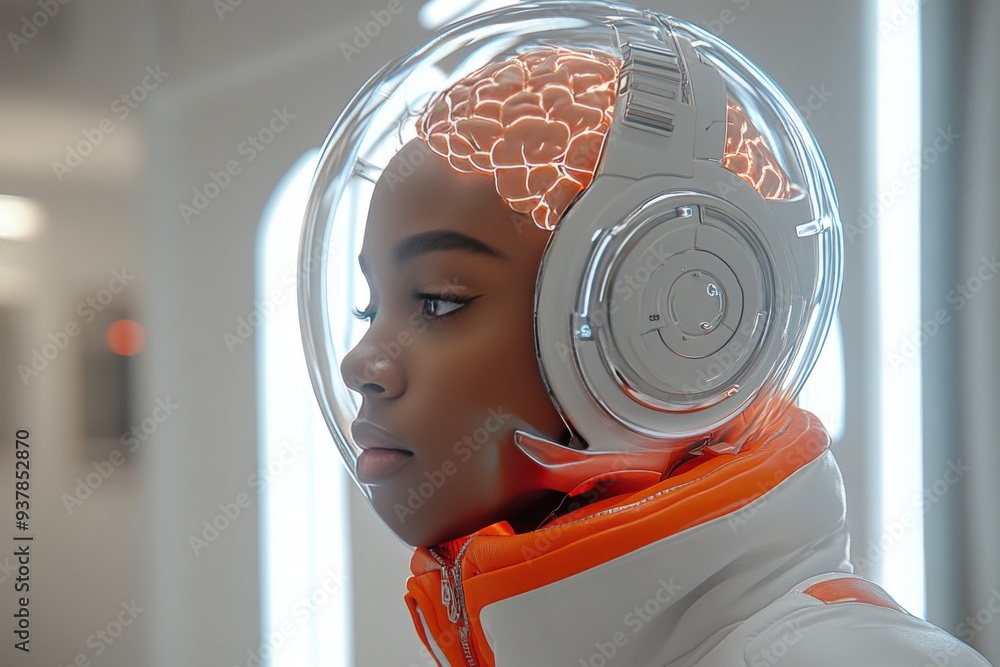 Poster a futuristic woman with a digital helmet symbolizing the integration of advanced technology cognitiv
