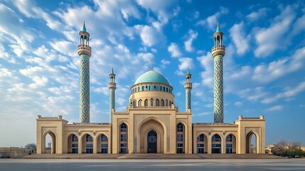 Umm AlTabbul Mosque In Baghdad Iraq with beautiful cloud blue sky : Generative AI © The Little Hut