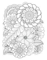 Black and white flower pattern for adult coloring book. Doodle floral drawing. Art therapy coloring page. Black and white flower pattern for adult coloring book. Doodle floral drawing. Art therapy