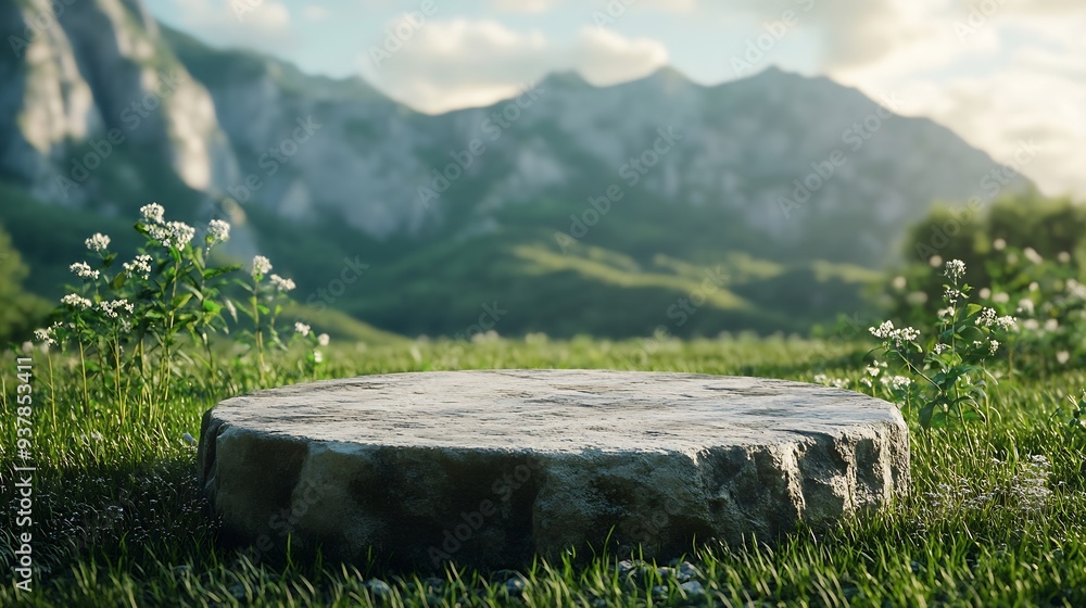 Poster abstract 3d render platform and mockup natural background stone podium on the grass field backdrop m
