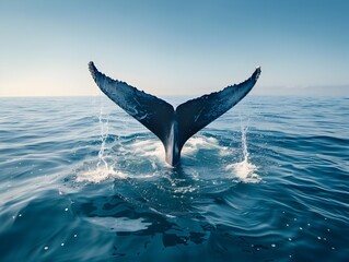 Fototapeta premium Majestic Blue Whale s Tail Breaking Through the Serene Ocean Surface