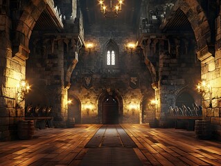 Fototapeta premium Immersive Medieval Castle Interior Viewed Through VR Headset With Knights and Grand Hall