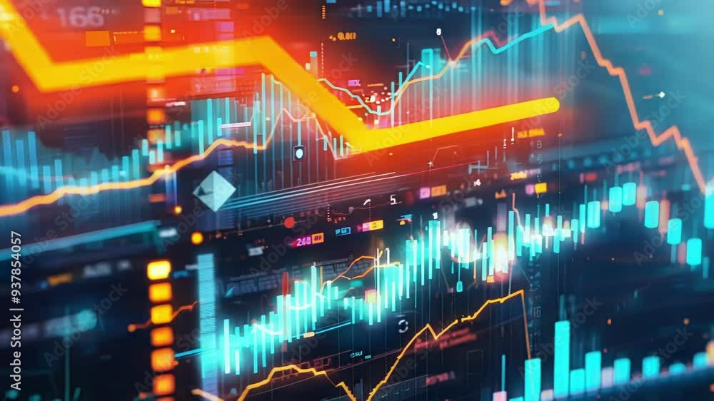 Poster futuristic technological interface is showing charts with statistical data, the colorful lines are m