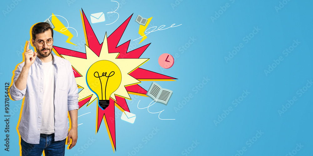 Poster man pointing up with a bright lightbulb pop art concept illustration in the background.