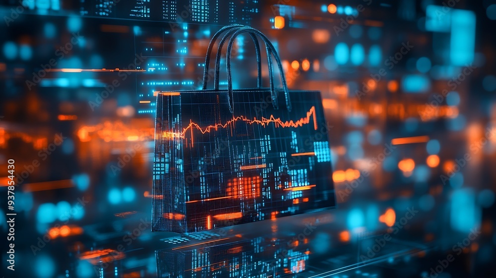 Aufkleber Image of financial data processing over shopping bag Global shopping business finance computing and data processing concept digitally generated image : Generative AI