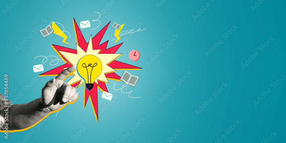 Aufkleber Hand pointing at a lightbulb with pop art elements on a teal background.