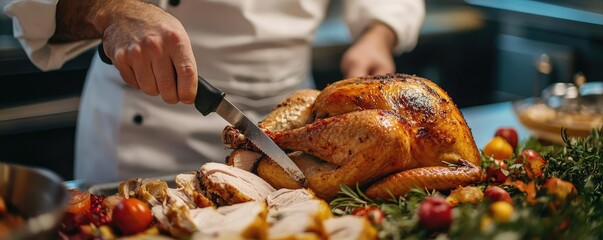 A chef carving a Thanksgiving turkey at the table, illustrating the tradition and ceremony in culinary arts during special occasions