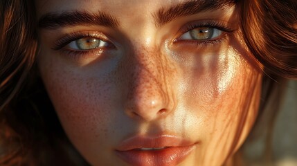 Fototapeta premium Natural young woman with clean skin in sunlight with shadows on face Beauty closeup of a brunette girl Skincare glow cosmetics and self care concept : Generative AI