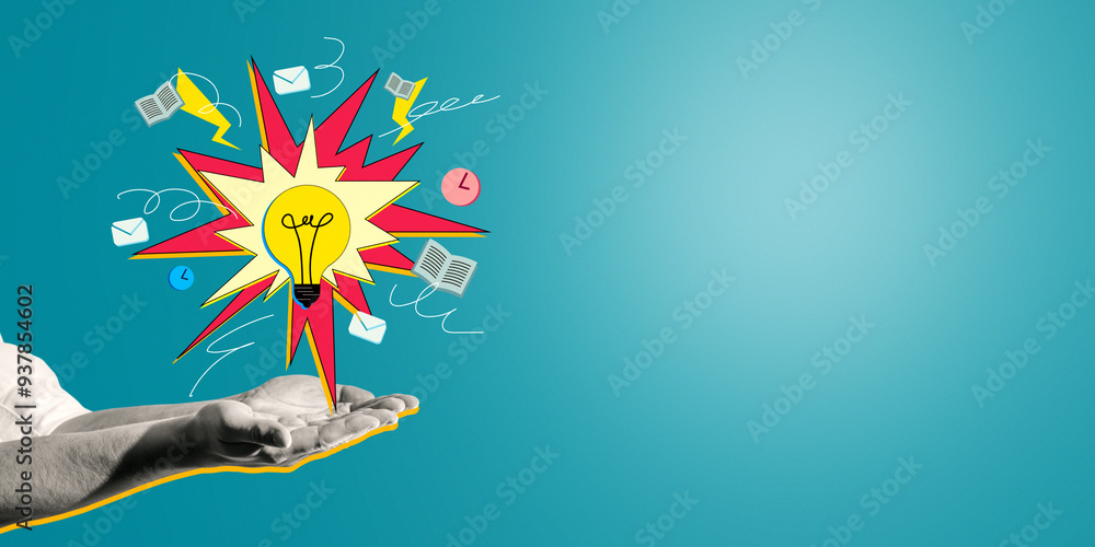 Poster hands holding a glowing lightbulb with creative icons in pop art style on a blue background.