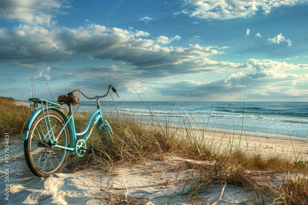 Canvas Prints A blue bicycle is parked on the sandy beach, with a calm sea in the background