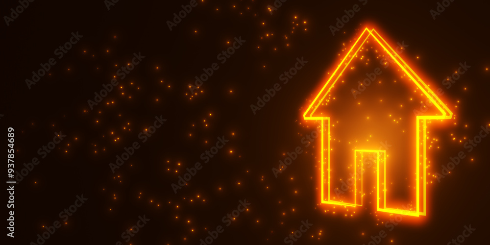 Poster Neon smart home icon on dark background with sparkles. 3D Rendering