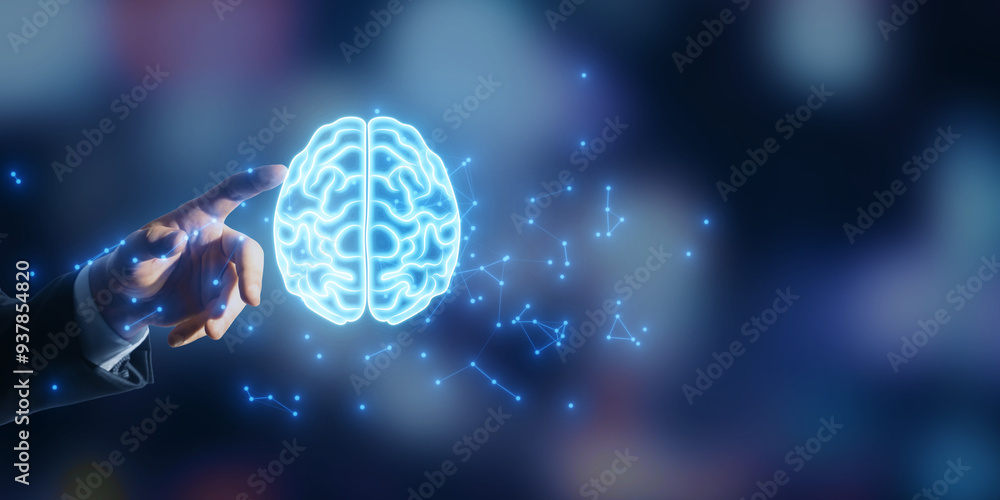 Poster Hand pointing at digital brain hologram with neural network connections on dark background, representing AI technology concept.