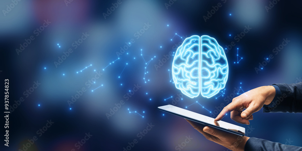 Aufkleber Digital brain hologram above a tablet with a blurred background representing technology and artificial intelligence.