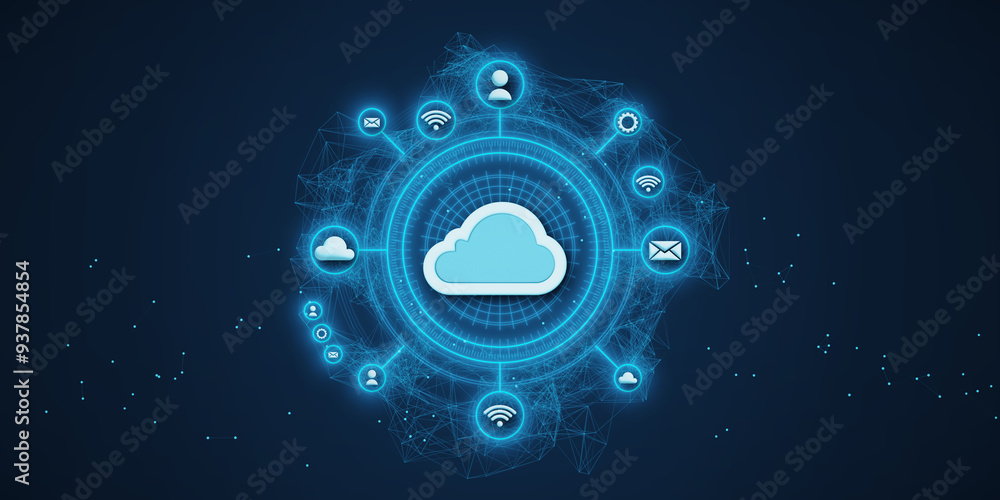 Poster Cloud computing network diagram with icons on blue digital background. 3D Rendering