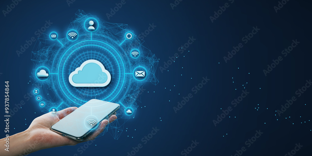 Poster cloud computing concept with smartphone in hand on blue background.