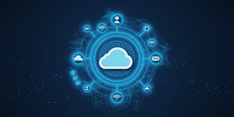 Cloud computing network diagram with icons on blue digital background. 3D Rendering