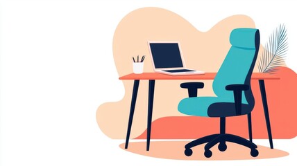 Fototapeta premium Modern workspace featuring a stylish chair and laptop on a desktop, perfect for home or office productivity.