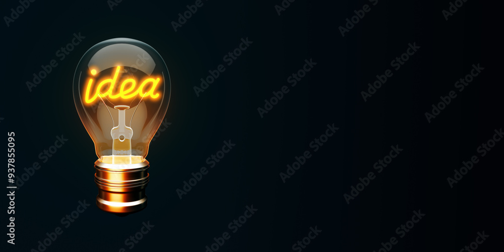 Aufkleber glowing lightbulb with idea filament on dark background. 3d rendering