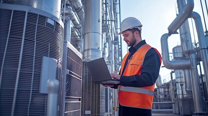 engineer using laptop checking industry cooling air conditioner water cooling tower air chiller of large industrial building to control air system at construction site : Generative AI