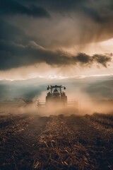 Fototapeta premium A tractor plows through a green field on a cloudy day