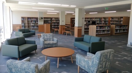 A modern library interior featuring comfortable seating and bookshelves for reading and studying.