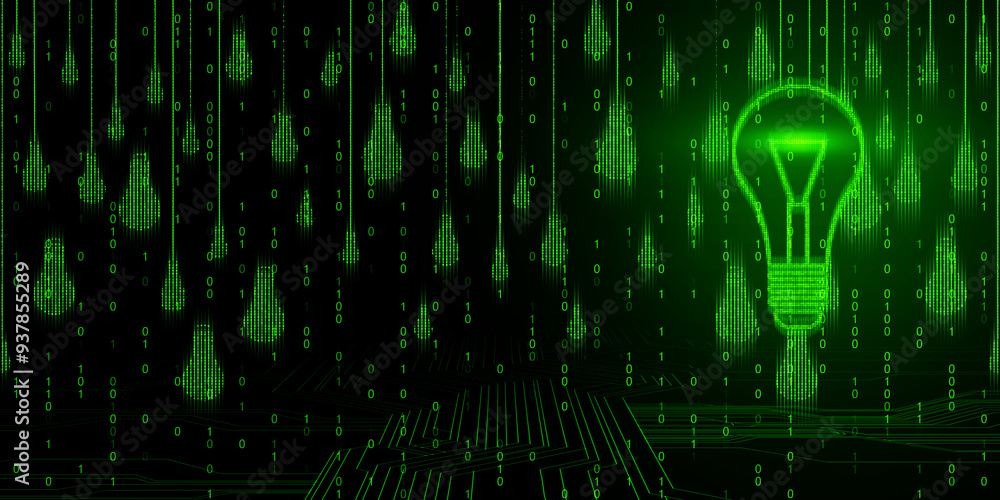 Aufkleber glowing green digital lightbulbs on a black cyberspace background. 3d rendering
