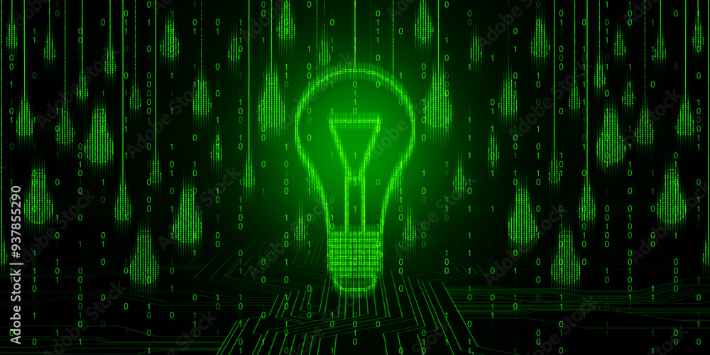 Aufkleber Glowing green lightbulb composed of binary code digits on a black background. 3D Rendering