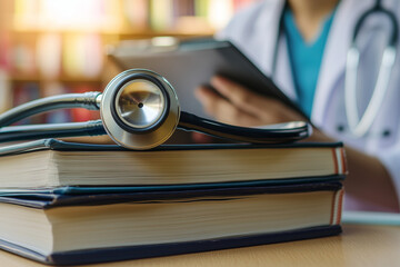 Stethoscope resting on medical textbooks with a doctor reviewing a tablet in the background. Medical education and healthcare concept.