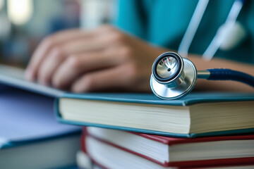 Stethoscope placed on a stack of medical books with a doctor studying in the background. Medical knowledge and training concept.