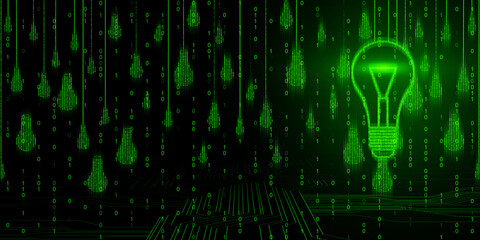 Glowing green digital lightbulbs on a black cyberspace background. 3D Rendering