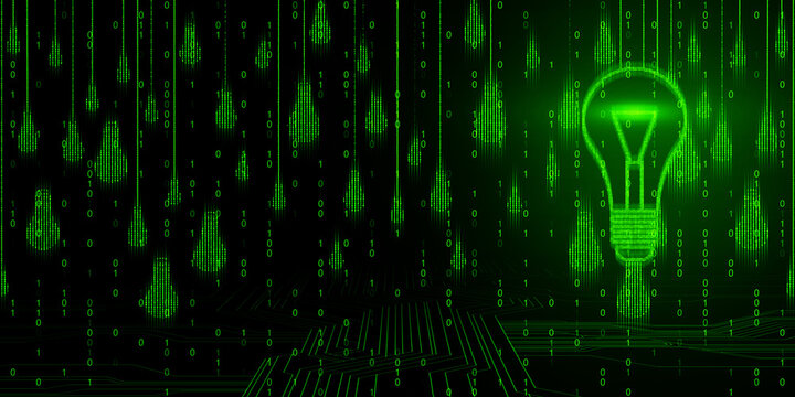 Glowing green digital lightbulbs on a black cyberspace background. 3D Rendering - Powered by Adobe