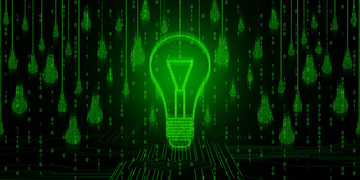 Glowing green lightbulb composed of binary code digits on a black background. 3D Rendering