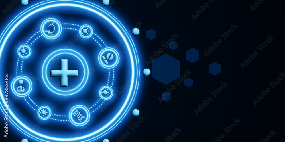Poster neon medical icons on a digital interface background. 3d rendering