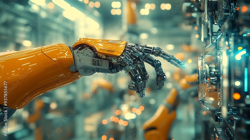 Fototapete MLP Mechanized industry robot arm and factory worker double exposure Concept of robotics technology for industrial revolution and automated manufacturing process : Generative AI