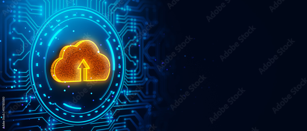 Poster Glowing Cloud Upload Icon on Digital Circuit Background. 3D Rendering