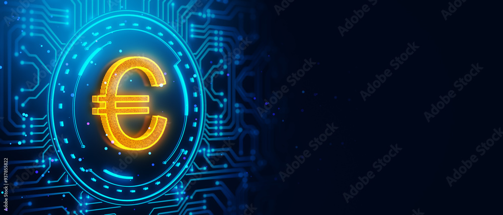 Poster glowing euro symbol on futuristic digital background. 3d rendering