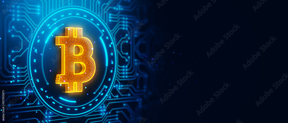Leinwandbilder glowing bitcoin symbol on digital circuit background. 3d rendering