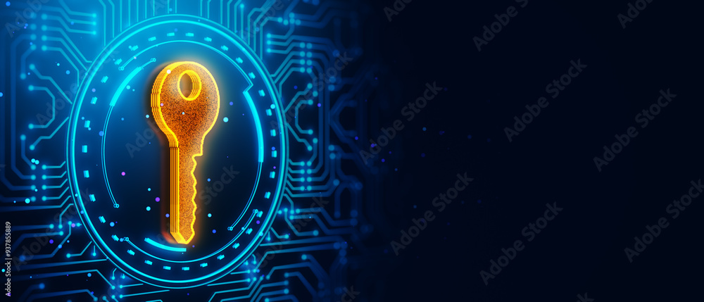 Poster Digital key icon in neon blue circuit background for cybersecurity concept. 3D Rendering