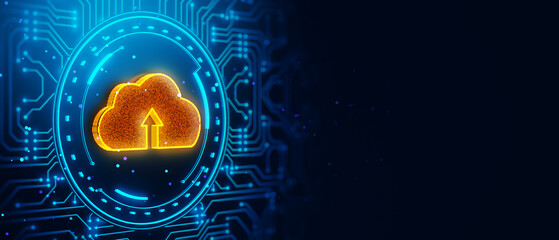 Glowing Cloud Upload Icon on Digital Circuit Background. 3D Rendering