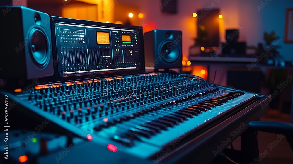 Poster empty studio at home equipped with mixing soundboard panel and other musical instruments music indus