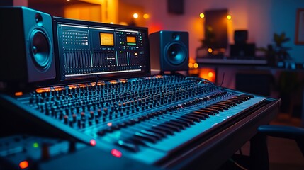 Empty studio at home equipped with mixing soundboard panel and other musical instruments music industry recording Modern space with electronic controls and daw software on pc Camera A : Generative AI