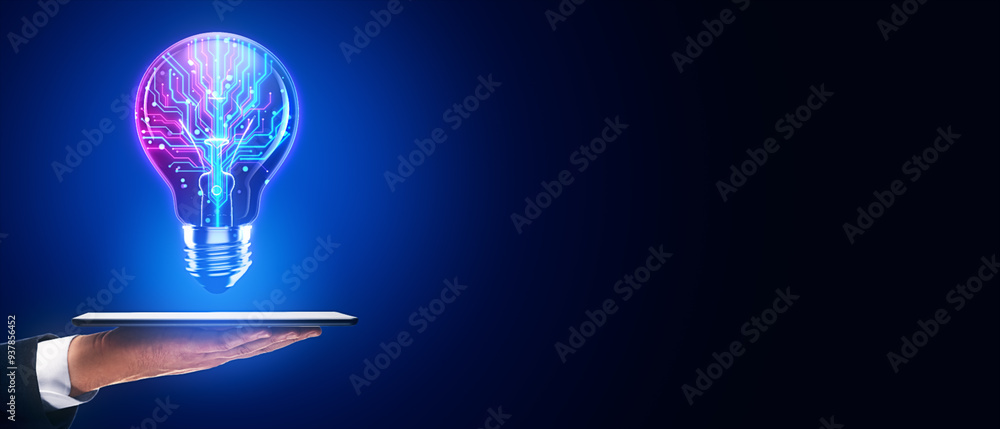 Poster digital lightbulb with circuitry held over tablet in hand on dark blue background symbolizing techno