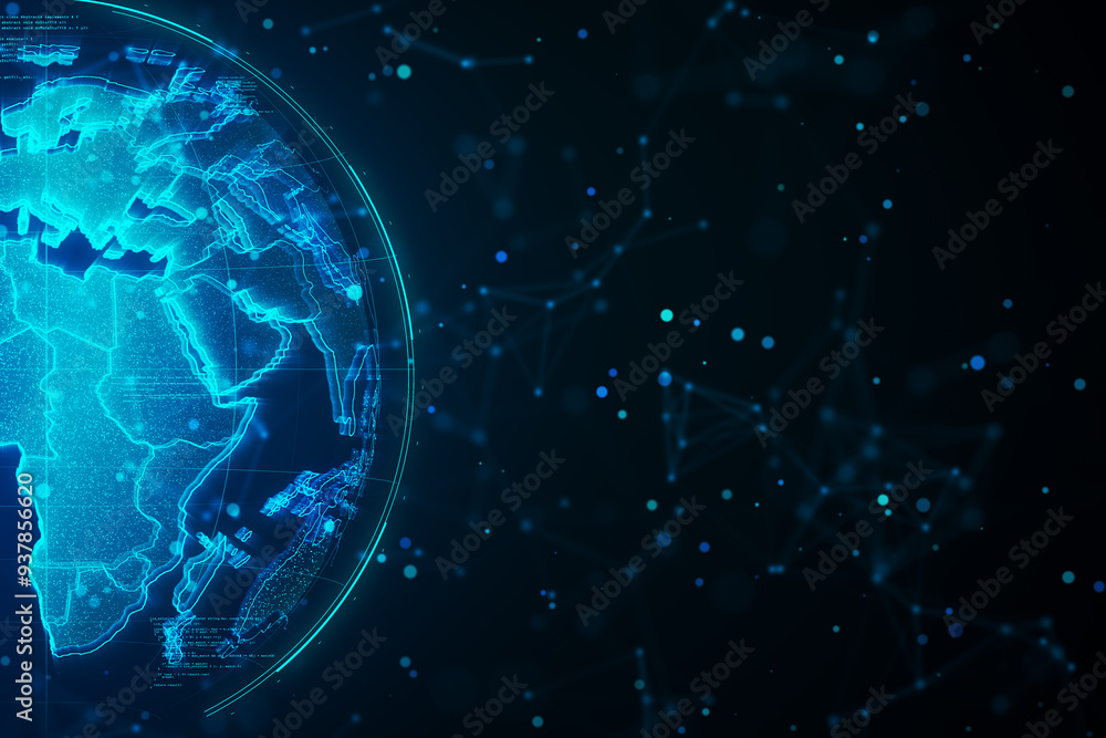 Poster Blue digital globe with network connections on dark background. 3D Rendering