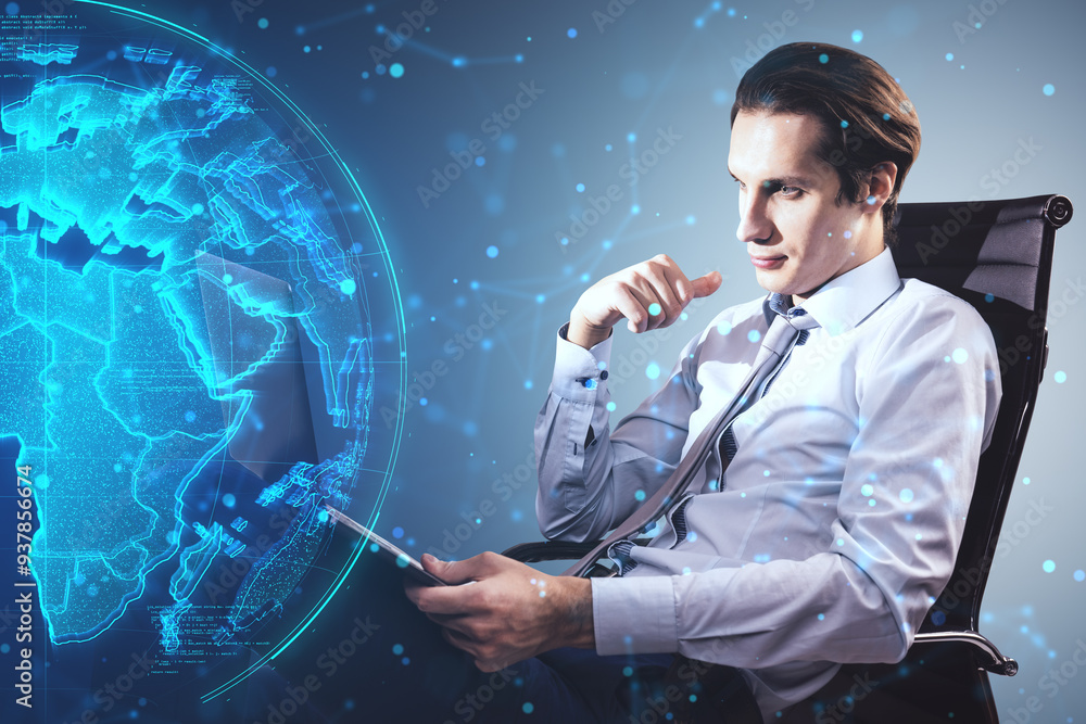Poster businessman interacting with digital world map hologram on futuristic screen.