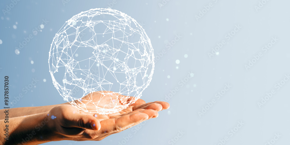 Poster hands holding a wireframe globe with network connections on a light background, depicting digital an