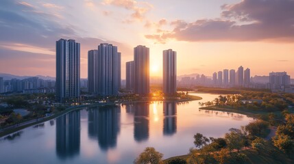 Obraz premium Capture a panoramic view of a modern cityscape at sunset, seamlessly blending nature and architecture with a serene balance