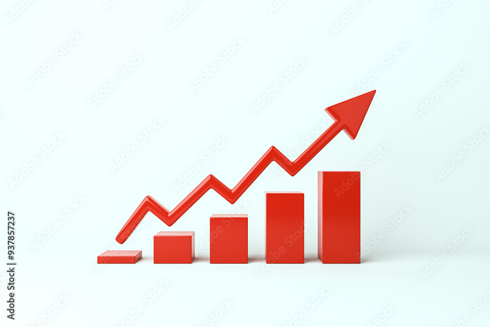 Aufkleber Red bar chart with upward trend arrow on light background. 3D Rendering