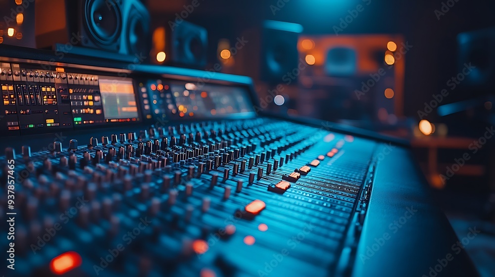 Poster empty studio at home equipped with mixing soundboard panel and other musical instruments music indus