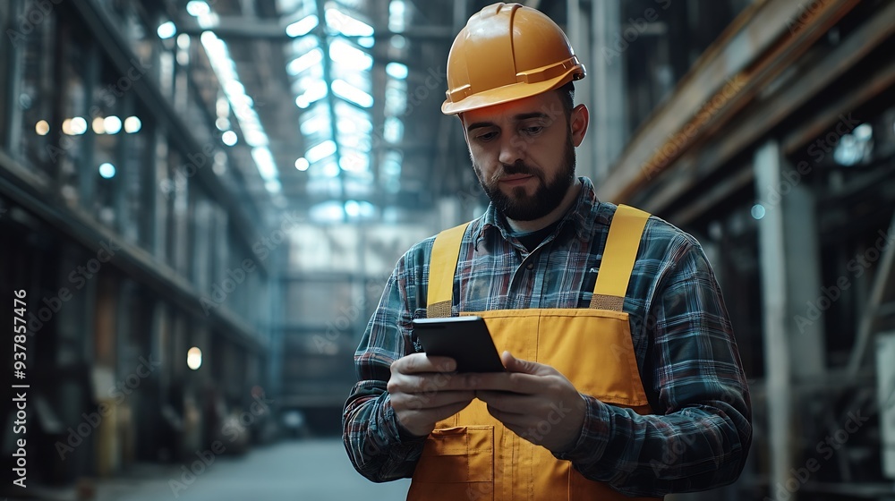 Fototapete Man builder Architect of industrial buildings Construction engineer stands in empty hangar Architect uses internet on his phone Builder of industrial buildings Man engineer in work uni : Generative AI